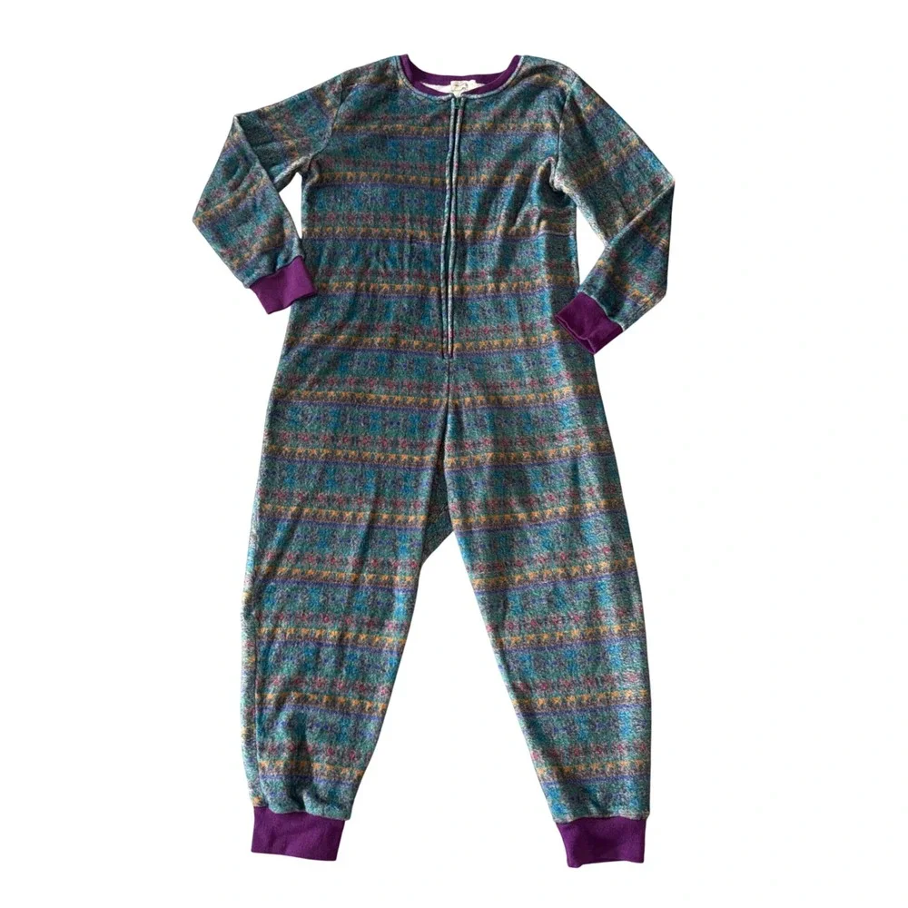Natural Life Fleece Jumpsuit Womens‎ L/XL Purple Multi Excellent Zip Pajamas